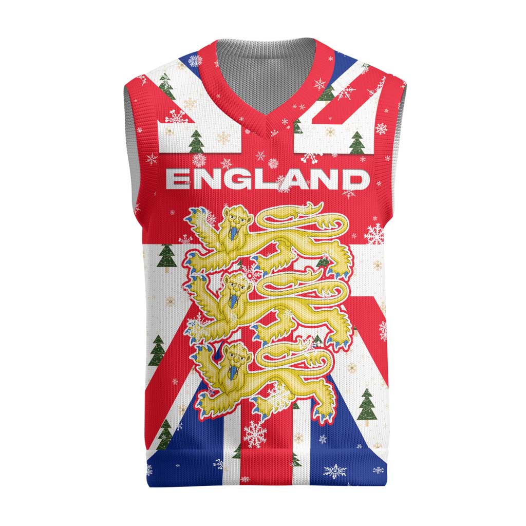 England Christmas Knitted V-Neck Vest with Red White Blue Santa Bus Tree and Three Lions Design - Wonder Print Shop