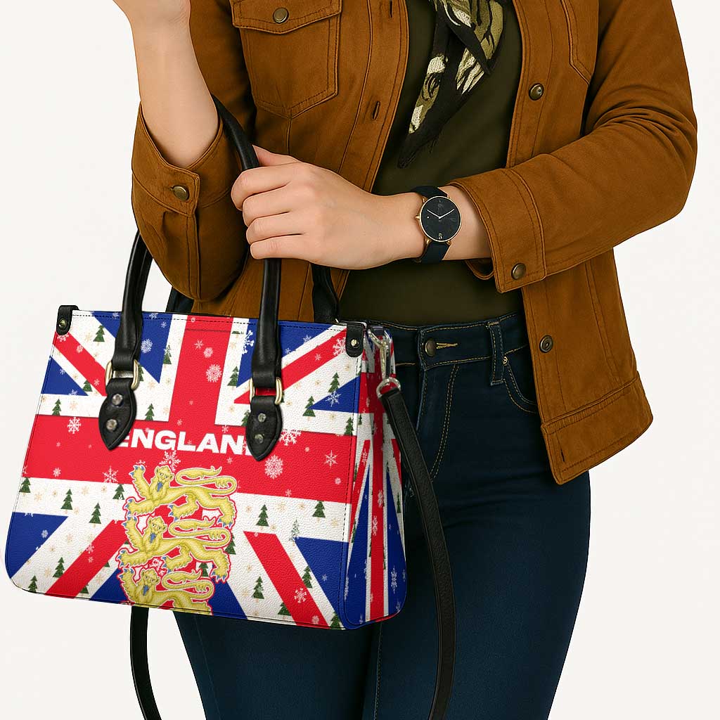 England Christmas Leather Bag with Red White Blue Santa Bus Tree and Three Lions Design - Wonder Print Shop