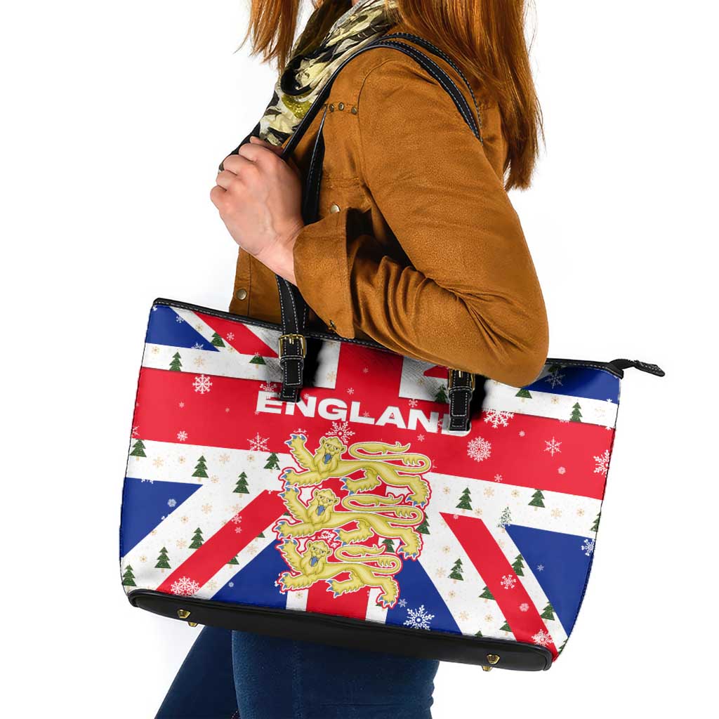 England Christmas Leather Tote Bag with Red White Blue Santa Bus Tree and Three Lions Design - Wonder Print Shop