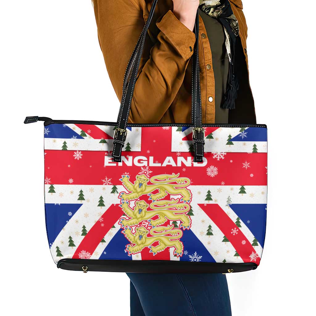 England Christmas Leather Tote Bag with Red White Blue Santa Bus Tree and Three Lions Design - Wonder Print Shop