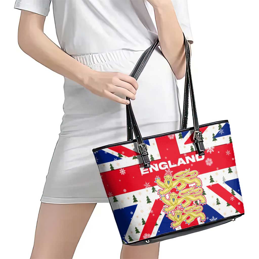 England Christmas Leather Tote Bag with Red White Blue Santa Bus Tree and Three Lions Design - Wonder Print Shop