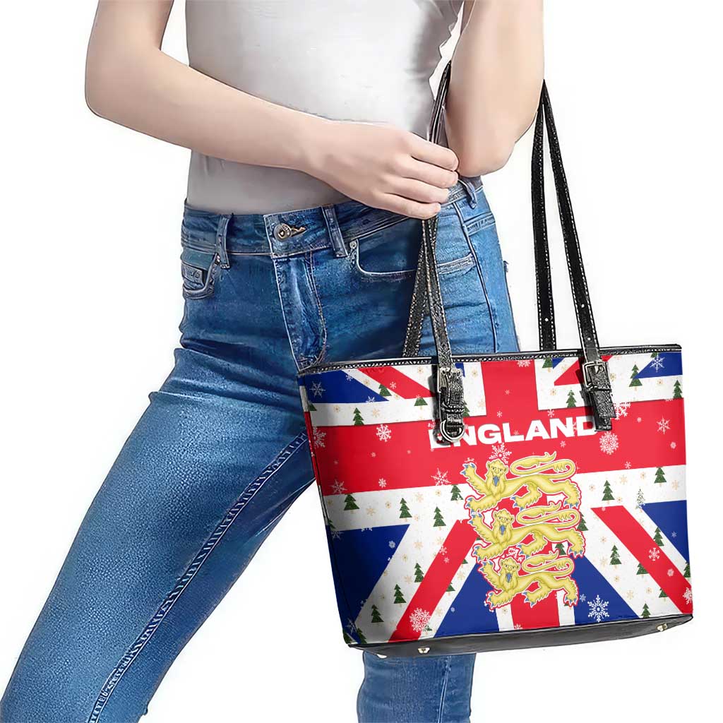 England Christmas Leather Tote Bag with Red White Blue Santa Bus Tree and Three Lions Design - Wonder Print Shop