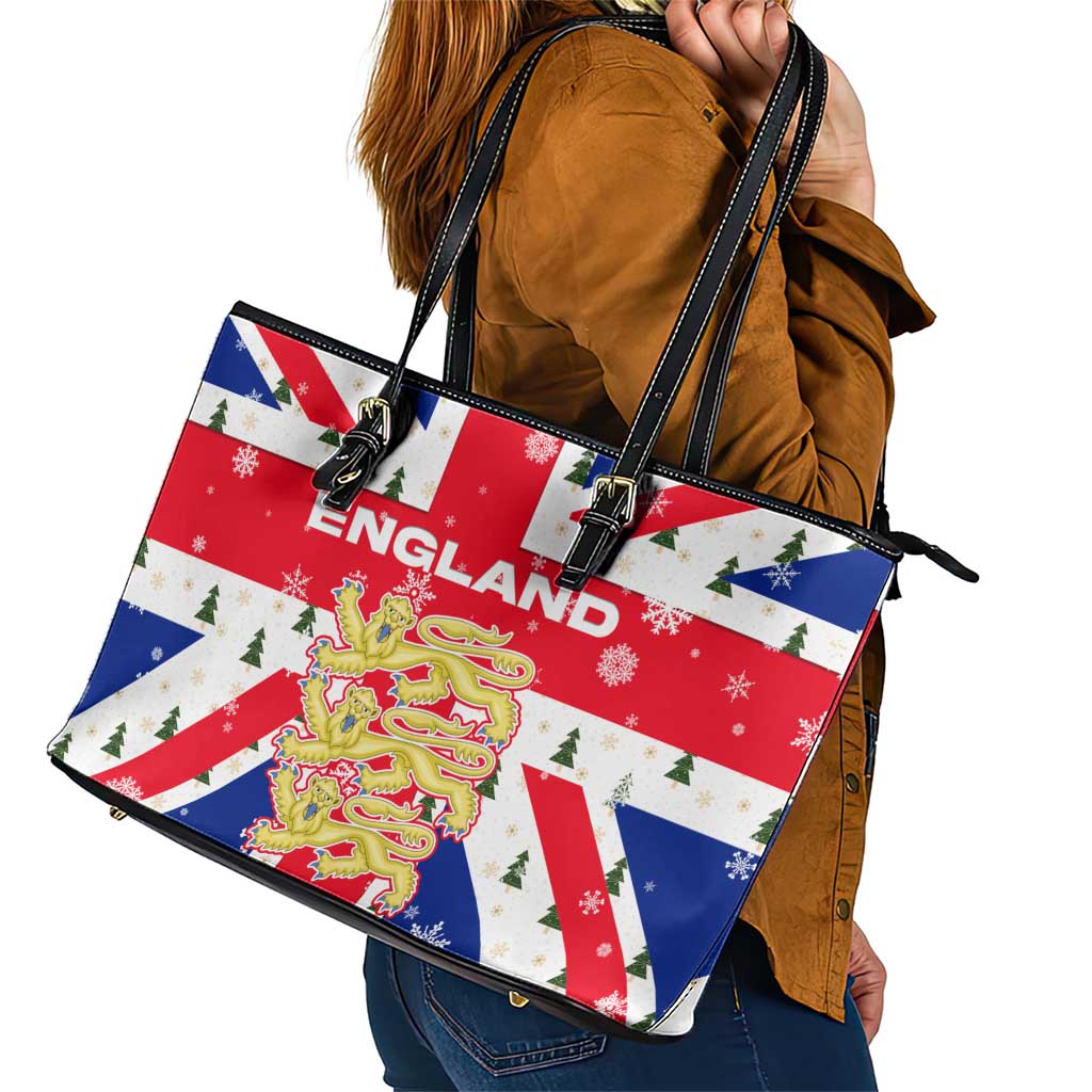 England Christmas Leather Tote Bag with Red White Blue Santa Bus Tree and Three Lions Design - Wonder Print Shop