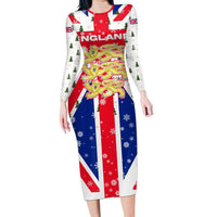 England Christmas Long Sleeve Bodycon Dress with Red White Blue Santa Bus Tree and Three Lions Design - Wonder Print Shop