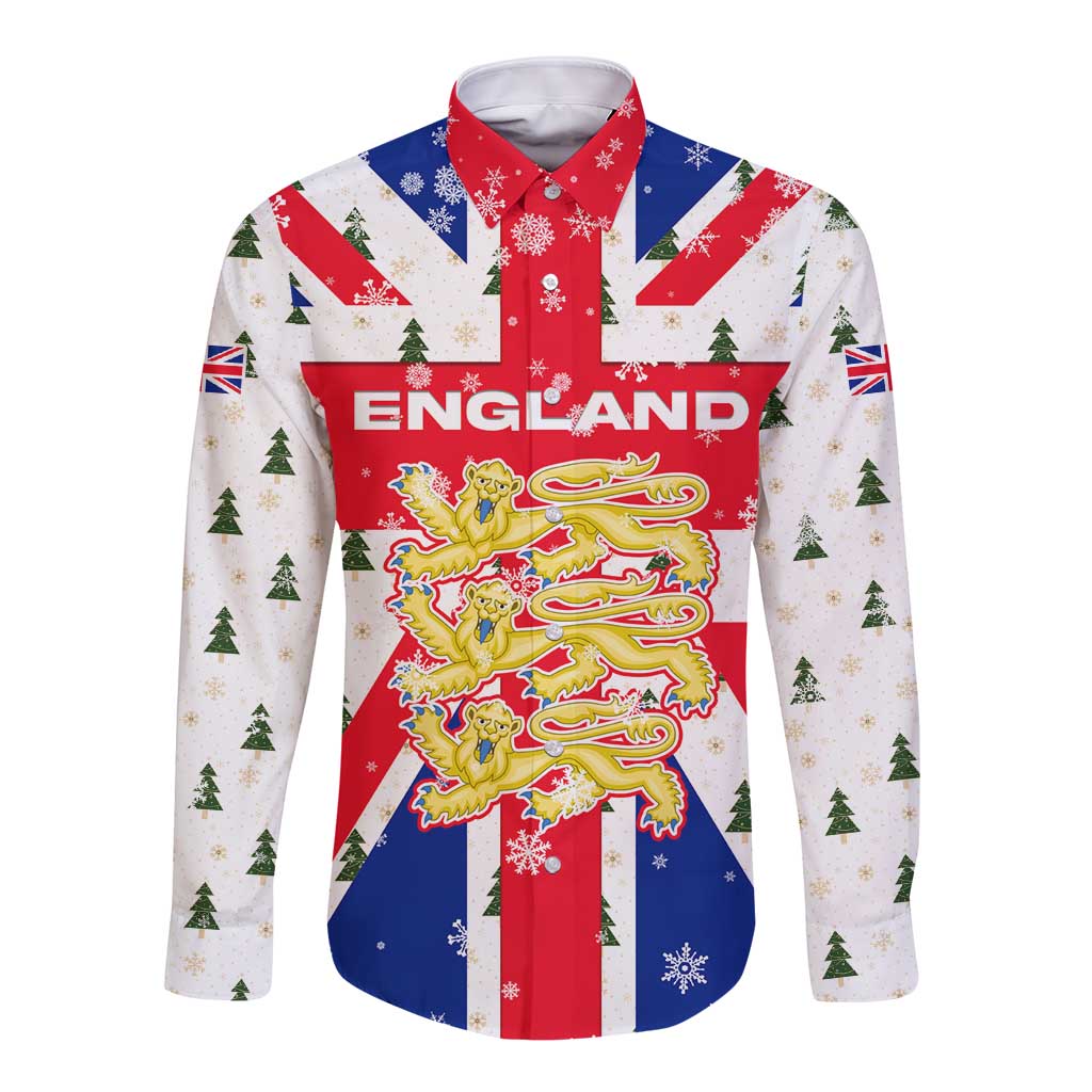 England Christmas Long Sleeve Button Shirt with Red White Blue Santa Bus Tree and Three Lions Design - Wonder Print Shop