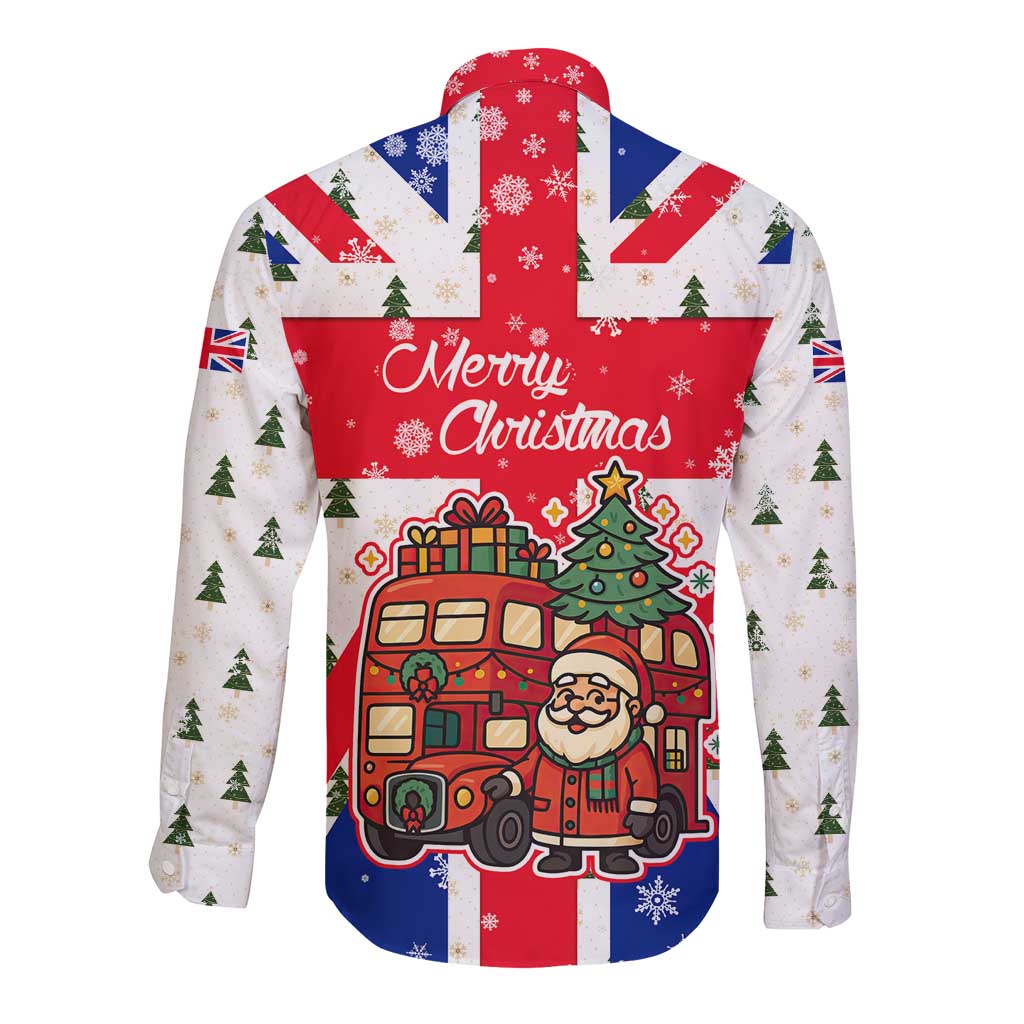 England Christmas Long Sleeve Button Shirt with Red White Blue Santa Bus Tree and Three Lions Design - Wonder Print Shop