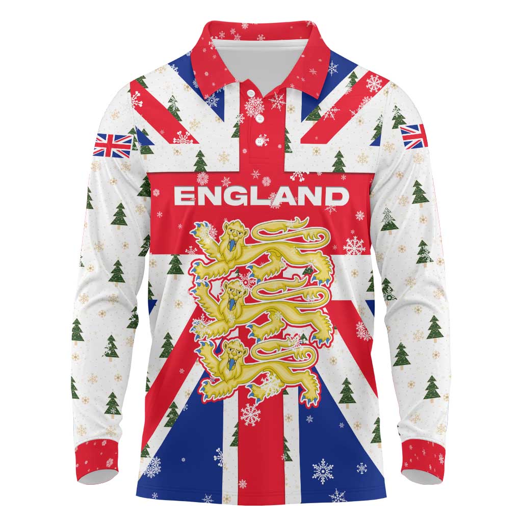 England Christmas Long Sleeve Polo Shirt with Red White Blue Santa Bus Tree and Three Lions Design - Wonder Print Shop