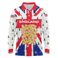 England Christmas Long Sleeve Polo Shirt with Red White Blue Santa Bus Tree and Three Lions Design - Wonder Print Shop