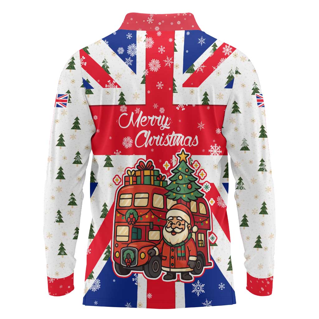 England Christmas Long Sleeve Polo Shirt with Red White Blue Santa Bus Tree and Three Lions Design - Wonder Print Shop
