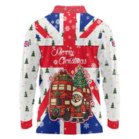 England Christmas Long Sleeve Polo Shirt with Red White Blue Santa Bus Tree and Three Lions Design - Wonder Print Shop