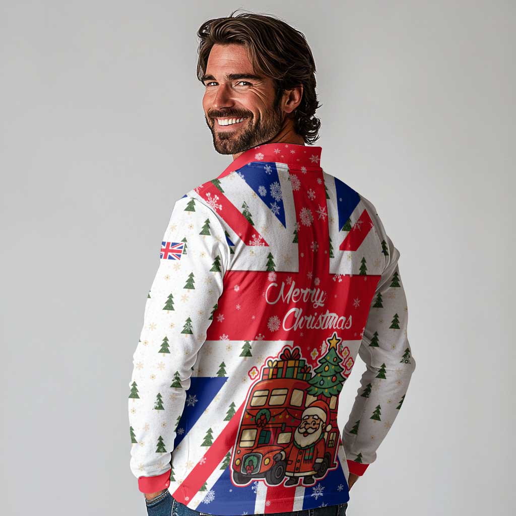 England Christmas Long Sleeve Polo Shirt with Red White Blue Santa Bus Tree and Three Lions Design - Wonder Print Shop