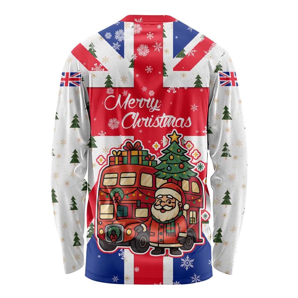 England Christmas Long Sleeve Shirt with Red White Blue Santa Bus Tree and Three Lions Design - Wonder Print Shop