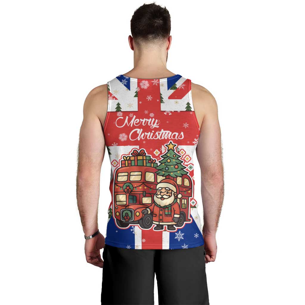 England Christmas Men Tank Top with Red White Blue Santa Bus Tree and Three Lions Design - Wonder Print Shop