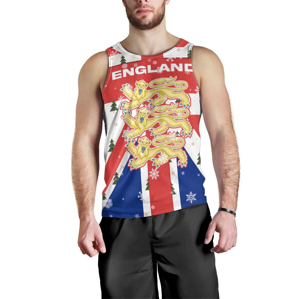 England Christmas Men Tank Top with Red White Blue Santa Bus Tree and Three Lions Design - Wonder Print Shop