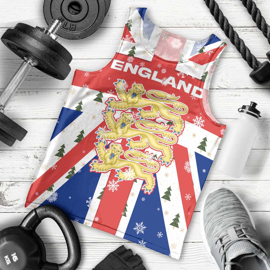 England Christmas Men Tank Top with Red White Blue Santa Bus Tree and Three Lions Design - Wonder Print Shop