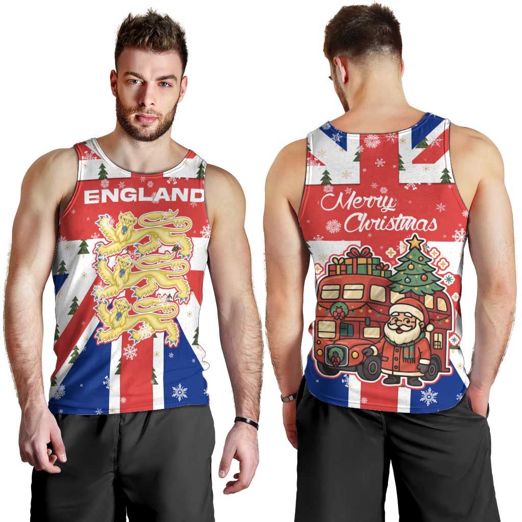 England Christmas Men Tank Top with Red White Blue Santa Bus Tree and Three Lions Design - Wonder Print Shop