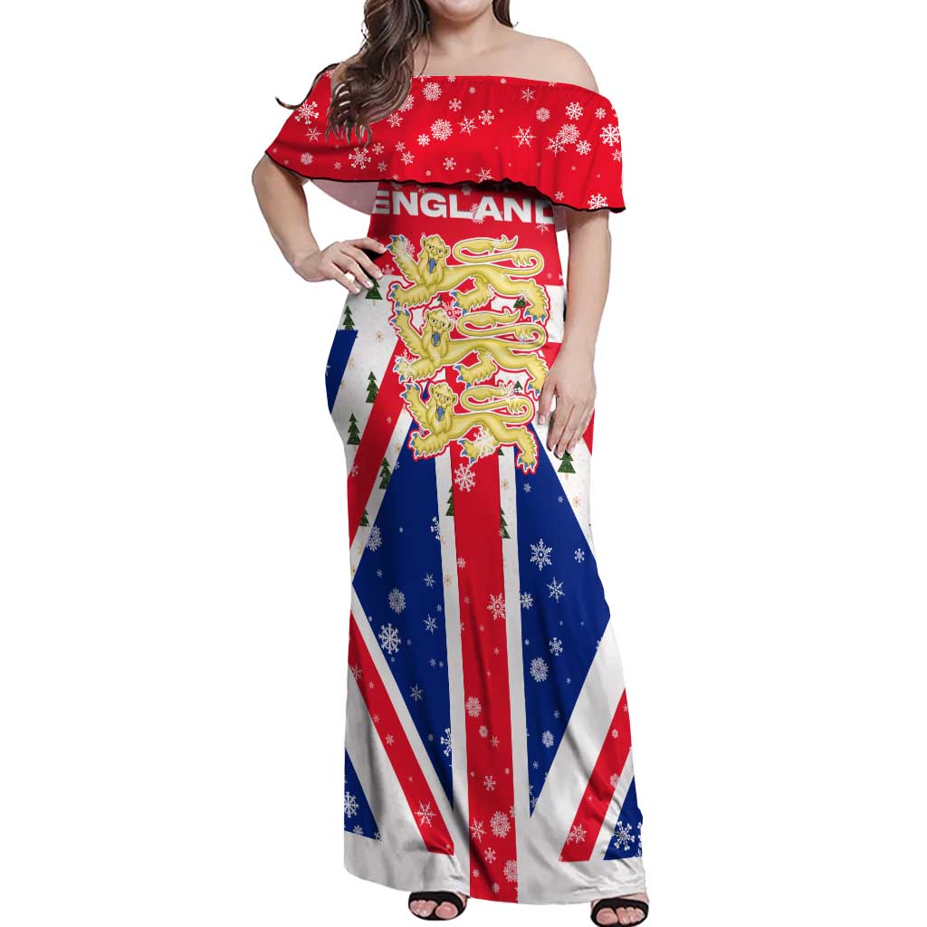England Christmas Off Shoulder Maxi Dress with Red White Blue Santa Bus Tree and Three Lions Design - Wonder Print Shop