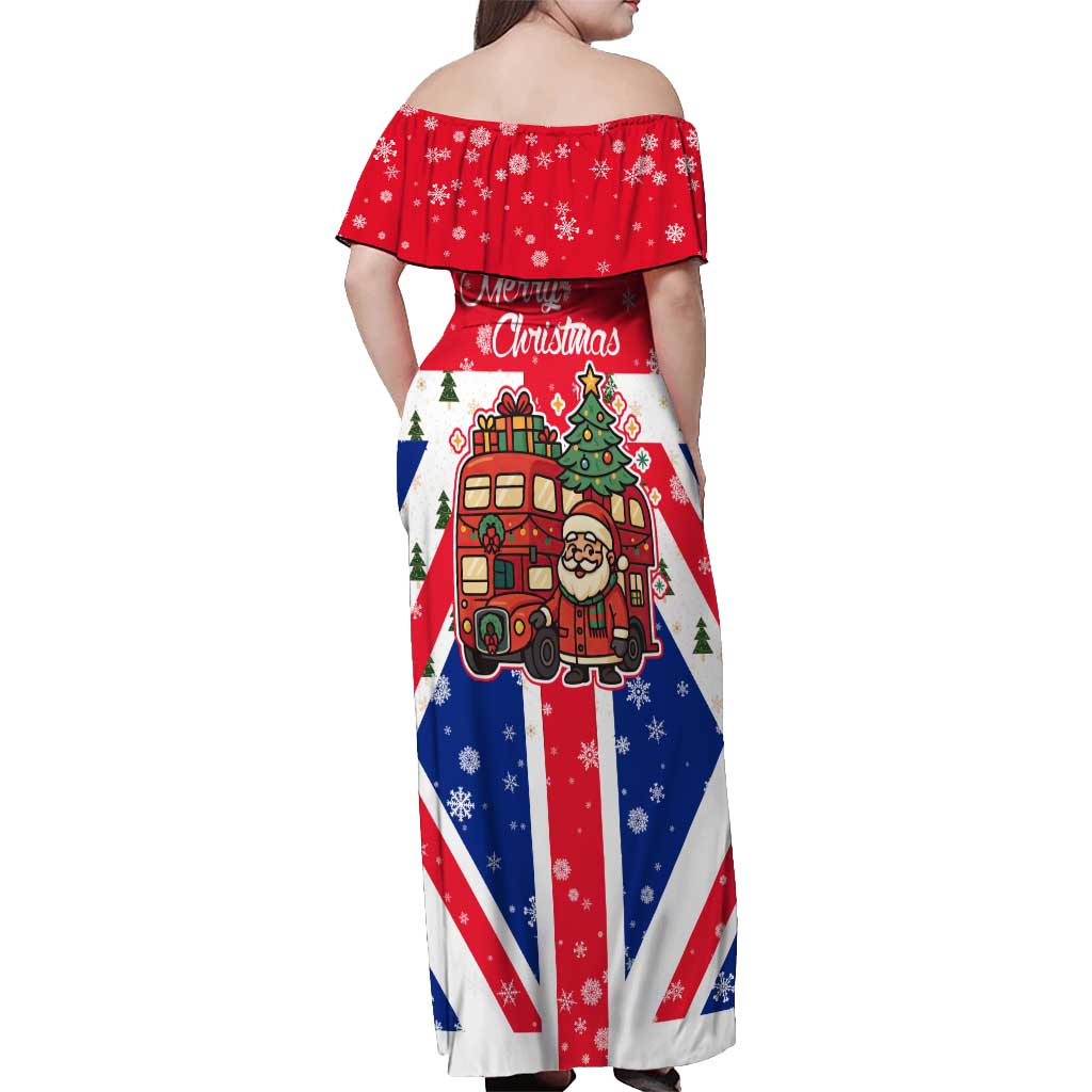 England Christmas Off Shoulder Maxi Dress with Red White Blue Santa Bus Tree and Three Lions Design - Wonder Print Shop