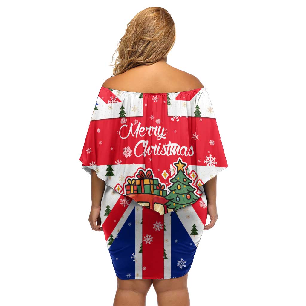 England Christmas Off Shoulder Short Dress with Red White Blue Santa Bus Tree and Three Lions Design - Wonder Print Shop