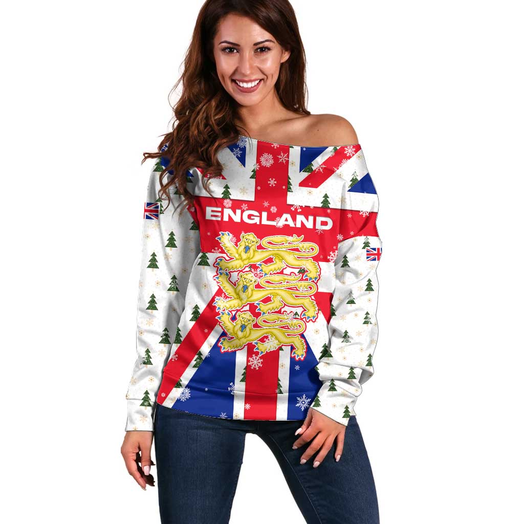 England Christmas Off Shoulder Sweater with Red White Blue Santa Bus Tree and Three Lions Design - Wonder Print Shop