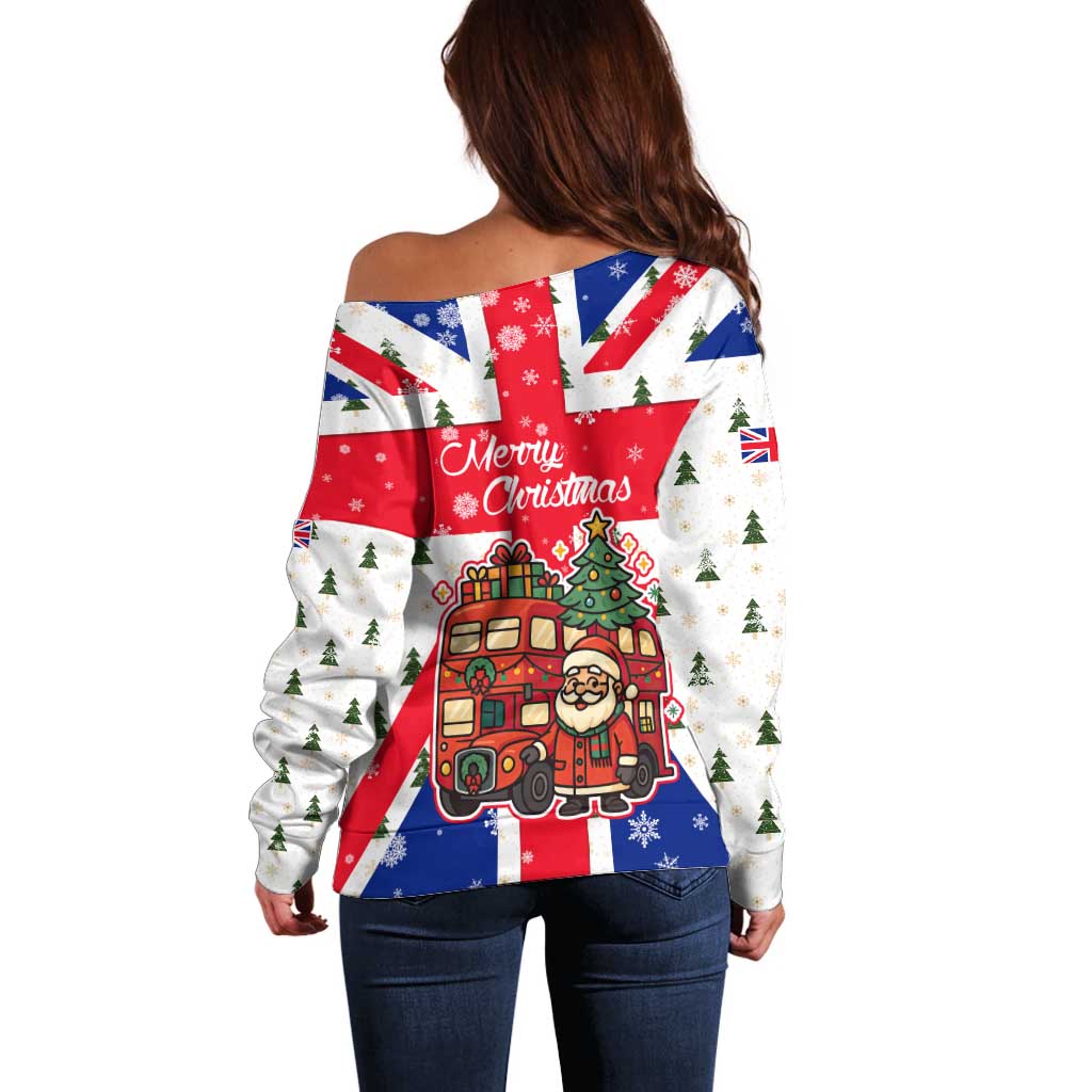 England Christmas Off Shoulder Sweater with Red White Blue Santa Bus Tree and Three Lions Design - Wonder Print Shop