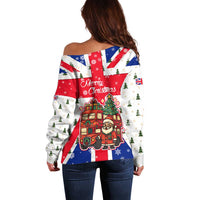 England Christmas Off Shoulder Sweater with Red White Blue Santa Bus Tree and Three Lions Design - Wonder Print Shop