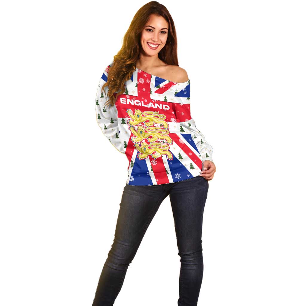 England Christmas Off Shoulder Sweater with Red White Blue Santa Bus Tree and Three Lions Design - Wonder Print Shop