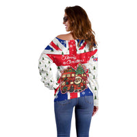 England Christmas Off Shoulder Sweater with Red White Blue Santa Bus Tree and Three Lions Design - Wonder Print Shop