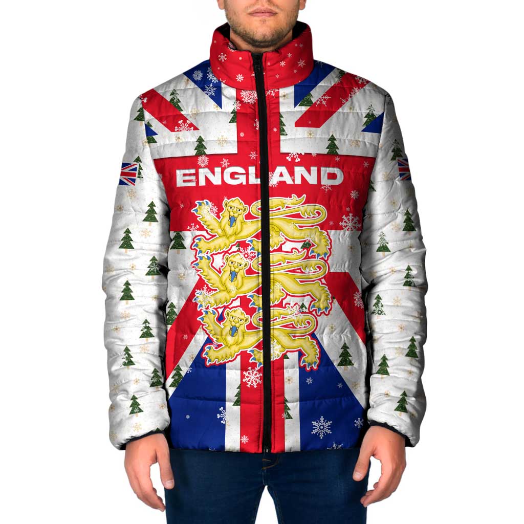England Christmas Padded Jacket with Red White Blue Santa Bus Tree and Three Lions Design - Wonder Print Shop