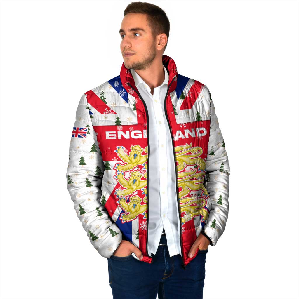 England Christmas Padded Jacket with Red White Blue Santa Bus Tree and Three Lions Design - Wonder Print Shop