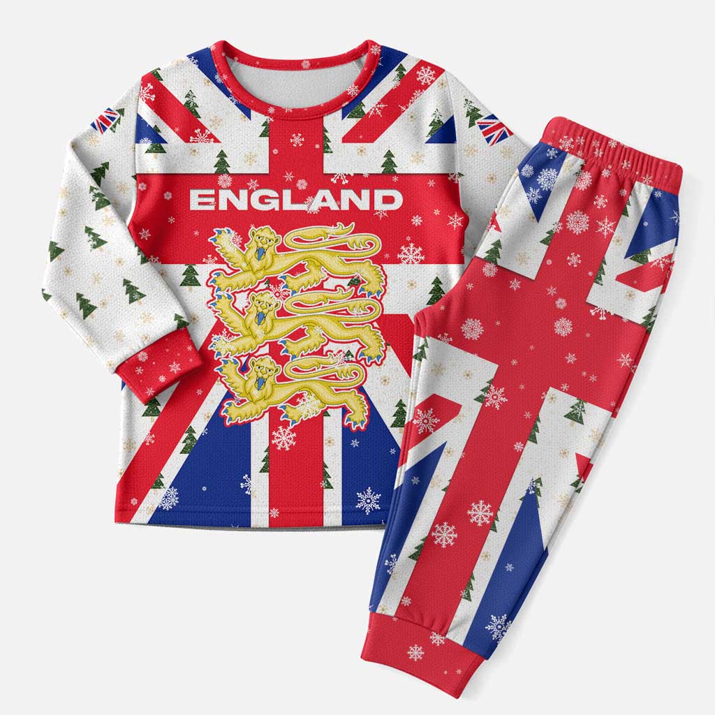 England Christmas Pajama Set with Red White Blue Santa Bus Tree and Three Lions Design - Wonder Print Shop