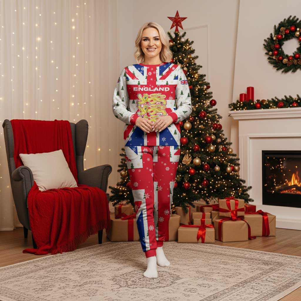 England Christmas Pajama Set with Red White Blue Santa Bus Tree and Three Lions Design - Wonder Print Shop