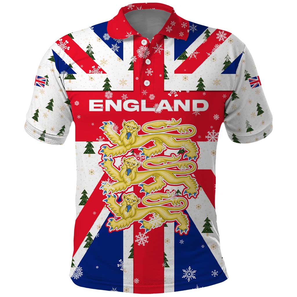 England Christmas Polo Shirt with Red White Blue Santa Bus Tree and Three Lions Design - Wonder Print Shop