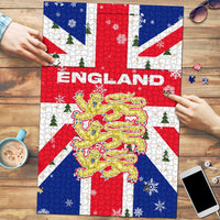 England Christmas Puzzle with Red White Blue Santa Bus Tree and Three Lions Design - Wonder Print Shop