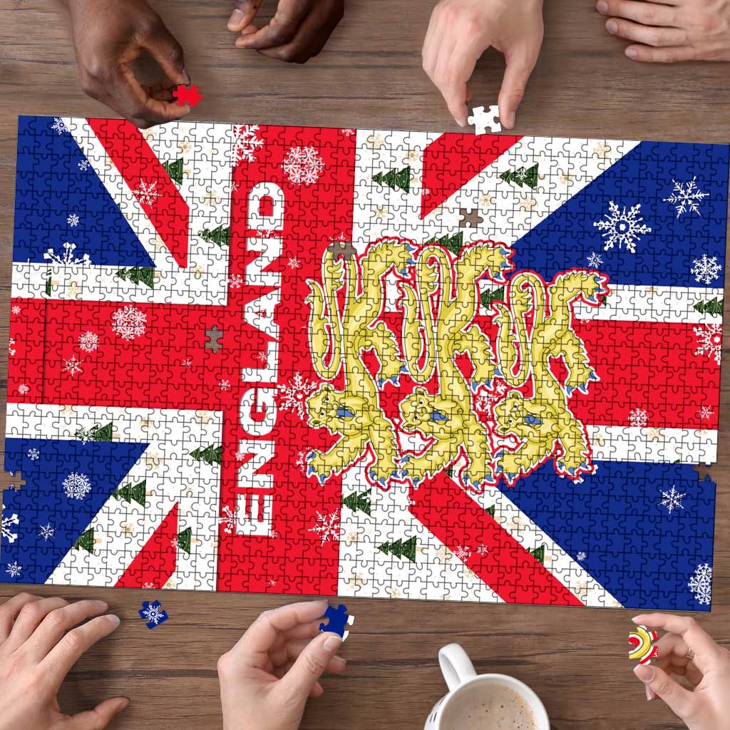 England Christmas Puzzle with Red White Blue Santa Bus Tree and Three Lions Design - Wonder Print Shop