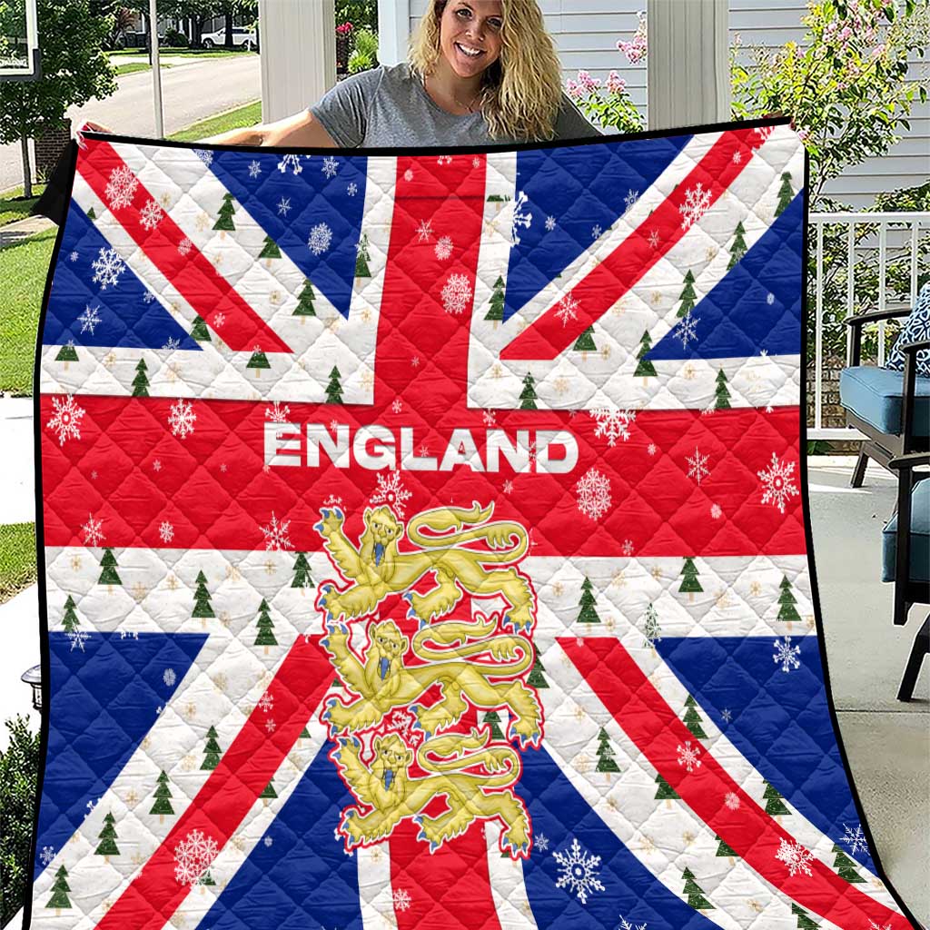 England Christmas Quilt with Red White Blue Santa Bus Tree and Three Lions Design - Wonder Print Shop