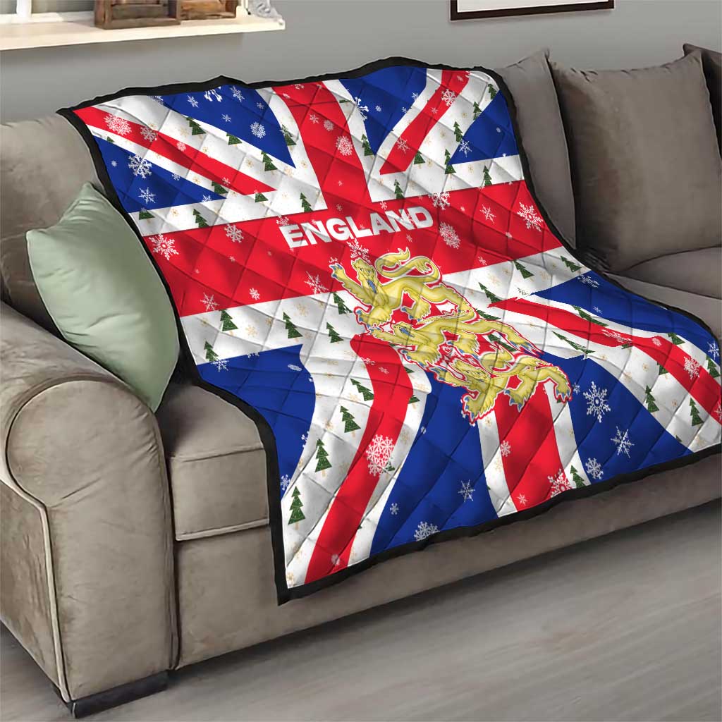 England Christmas Quilt with Red White Blue Santa Bus Tree and Three Lions Design - Wonder Print Shop