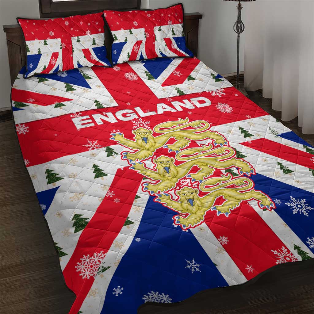 England Christmas Quilt Bed Set with Red White Blue Santa Bus Tree and Three Lions Design - Wonder Print Shop