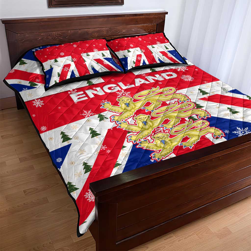England Christmas Quilt Bed Set with Red White Blue Santa Bus Tree and Three Lions Design - Wonder Print Shop