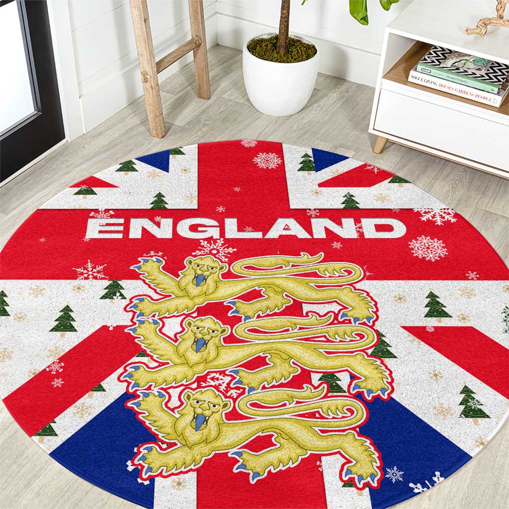 England Christmas Round Carpet with Red White Blue Santa Bus Tree and Three Lions Design - Wonder Print Shop
