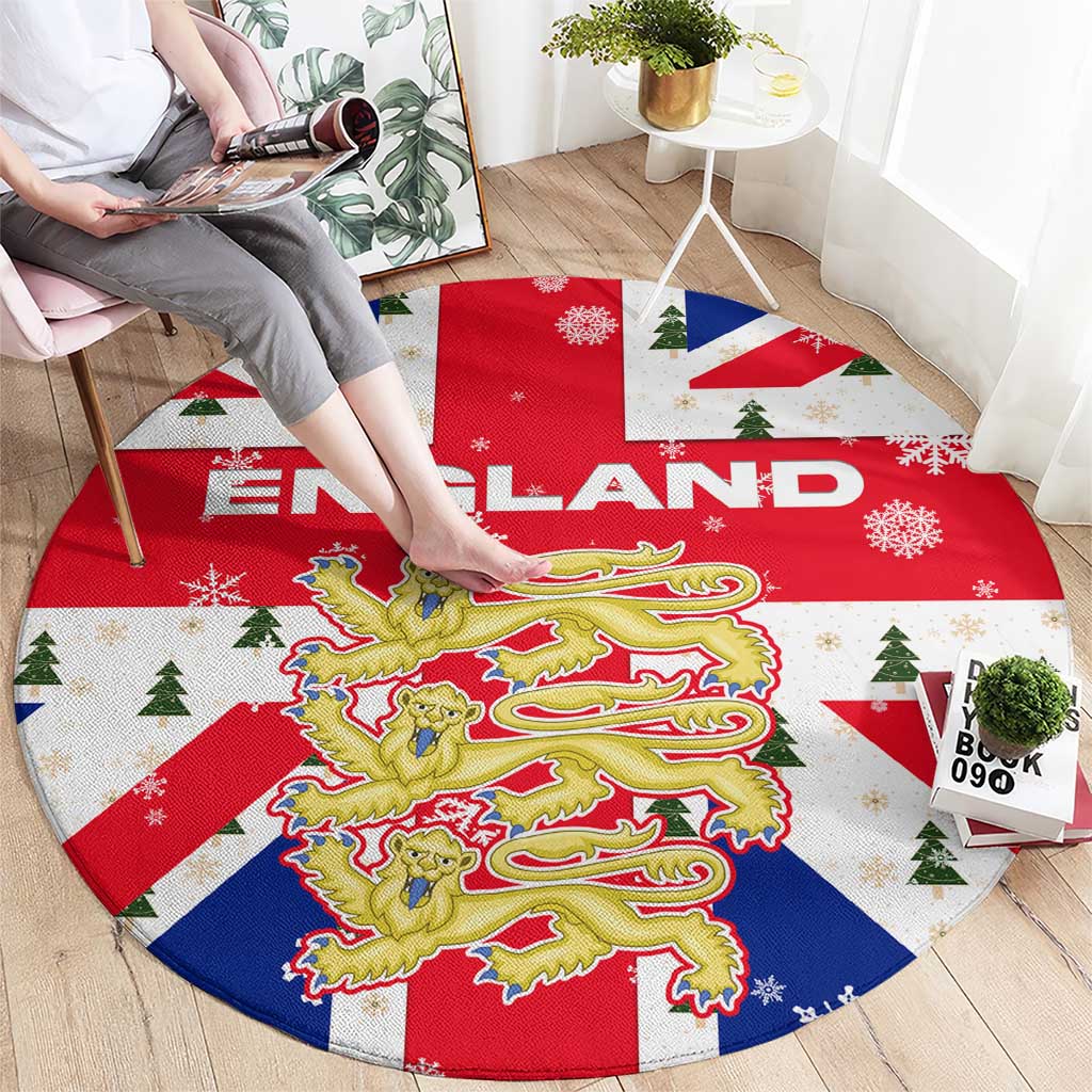 England Christmas Round Carpet with Red White Blue Santa Bus Tree and Three Lions Design - Wonder Print Shop