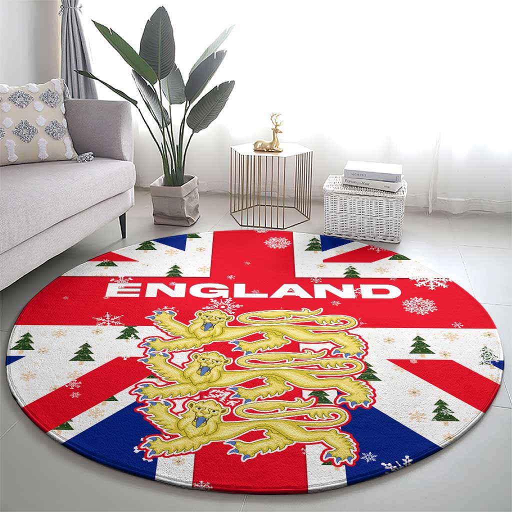 England Christmas Round Carpet with Red White Blue Santa Bus Tree and Three Lions Design - Wonder Print Shop