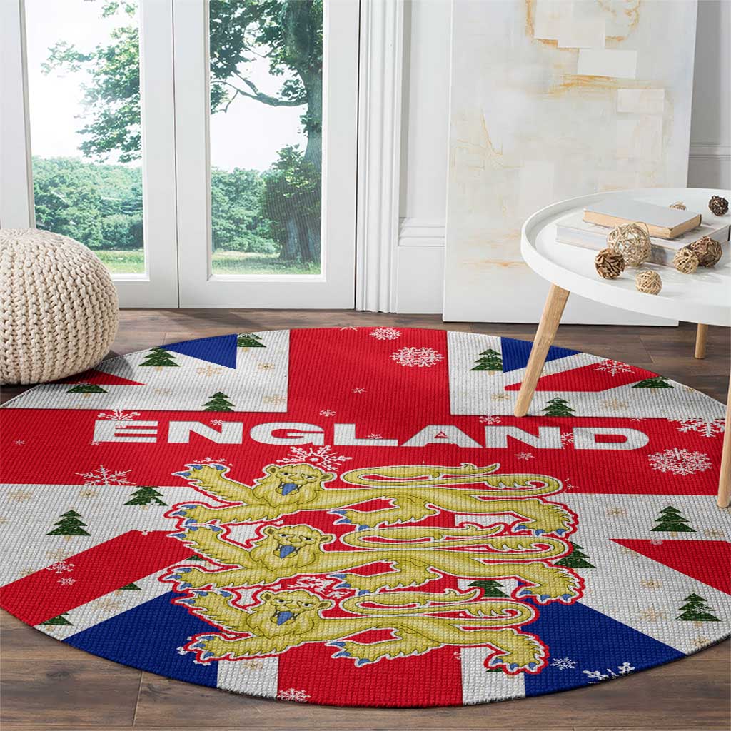 England Christmas Round Carpet with Red White Blue Santa Bus Tree and Three Lions Design - Wonder Print Shop