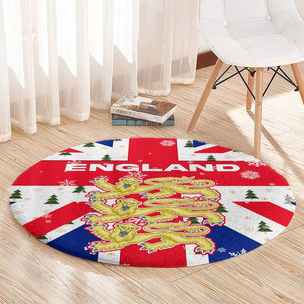 England Christmas Round Carpet with Red White Blue Santa Bus Tree and Three Lions Design - Wonder Print Shop