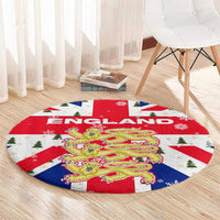 England Christmas Round Carpet with Red White Blue Santa Bus Tree and Three Lions Design - Wonder Print Shop