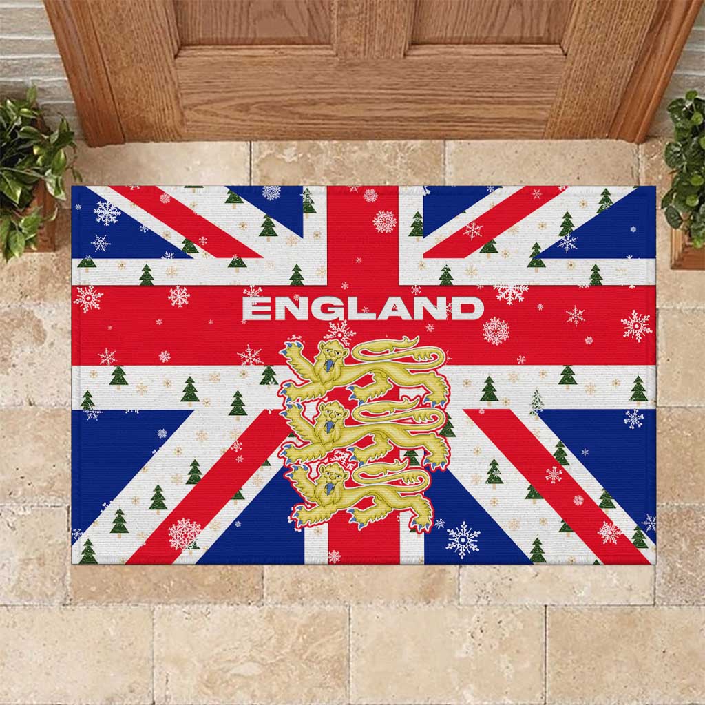 England Christmas Rubber Doormat with Red White Blue Santa Bus Tree and Three Lions Design - Wonder Print Shop