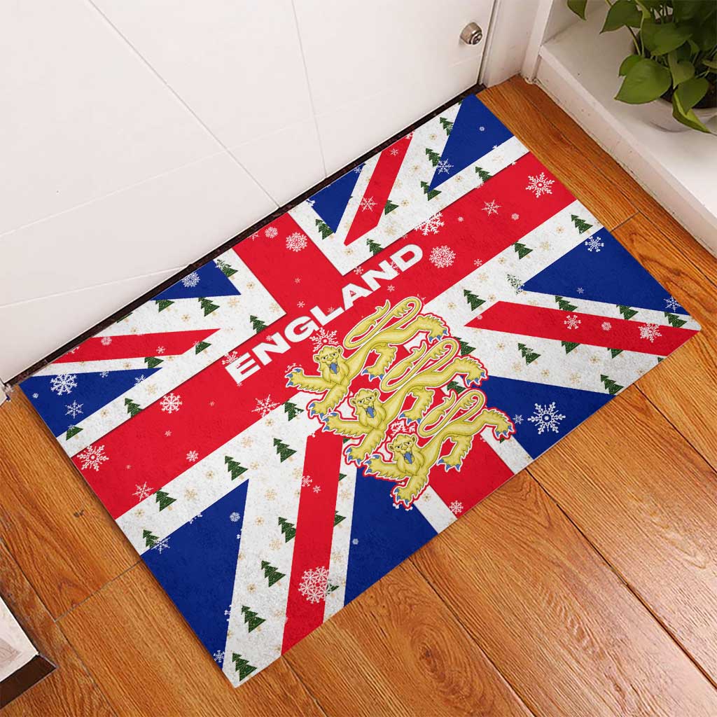 England Christmas Rubber Doormat with Red White Blue Santa Bus Tree and Three Lions Design - Wonder Print Shop