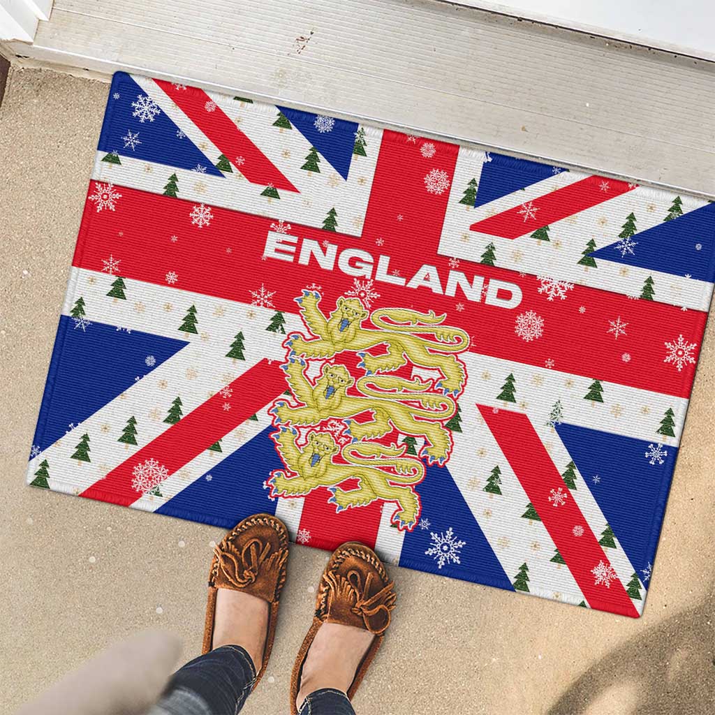 England Christmas Rubber Doormat with Red White Blue Santa Bus Tree and Three Lions Design - Wonder Print Shop