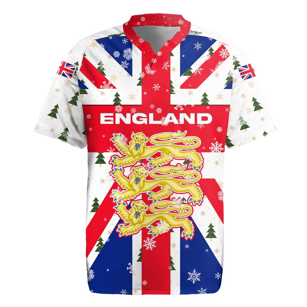 England Christmas Rugby Jersey with Red White Blue Santa Bus Tree and Three Lions Design - Wonder Print Shop