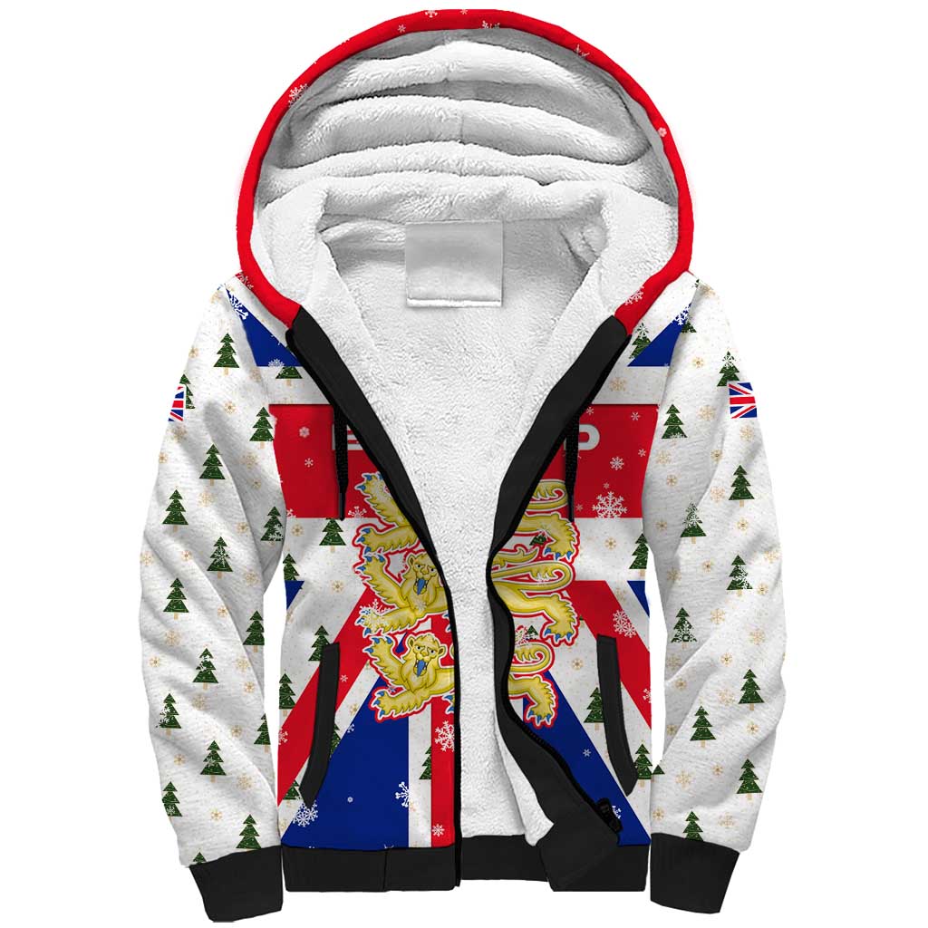 England Christmas Sherpa Hoodie with Red White Blue Santa Bus Tree and Three Lions Design - Wonder Print Shop